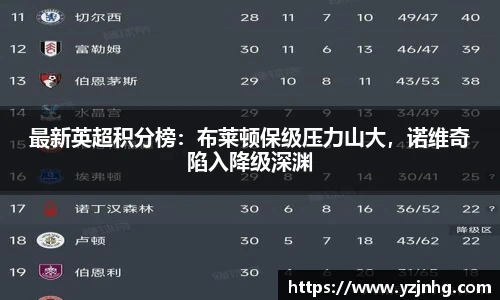 最新英超积分榜：布莱顿保级压力山大，诺维奇陷入降级深渊